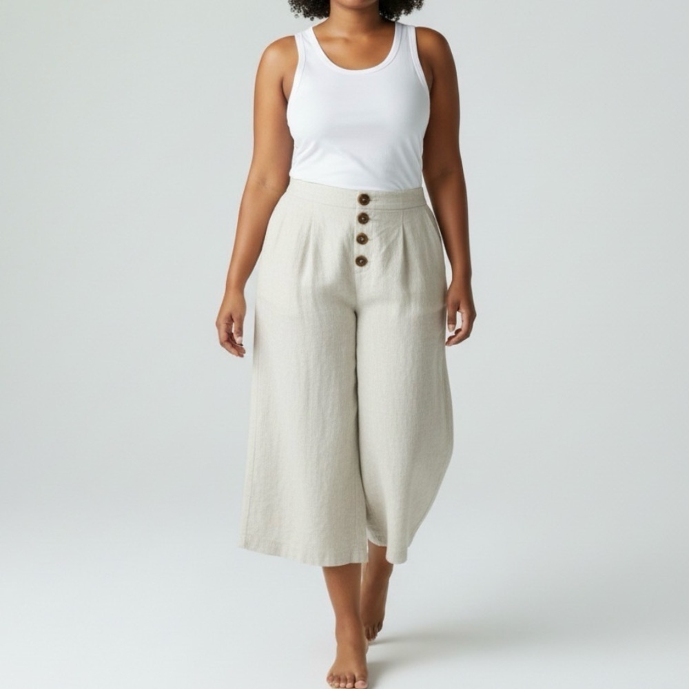 PRINCESS POLLY LINEN TAUPE TAN WIDE LEG CROP PANTS BUTTON FLY WOMENS SZ 12
